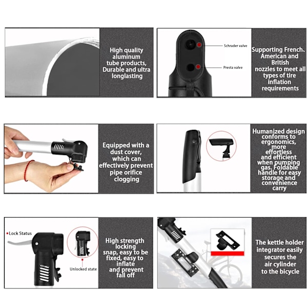 Minicykelpumpe i aluminiumlegering, kompatibel med Presta og Schrader, cykelpumpe til bold, svømmevinger