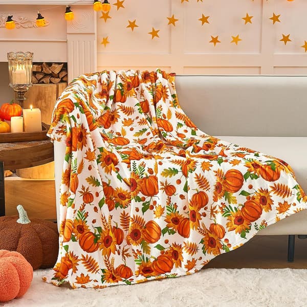 Autumn Blanket, Pumpkin Leaf Fall Throw Blanket for Couch Bed Sofa, Orange Plaid Blanket for Autumn, (50”x60”)