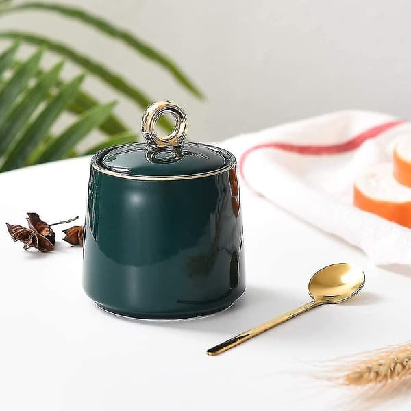 Dispenser Salt Container Ceramic Sugar Jar With Lid And Spoon (FMY)