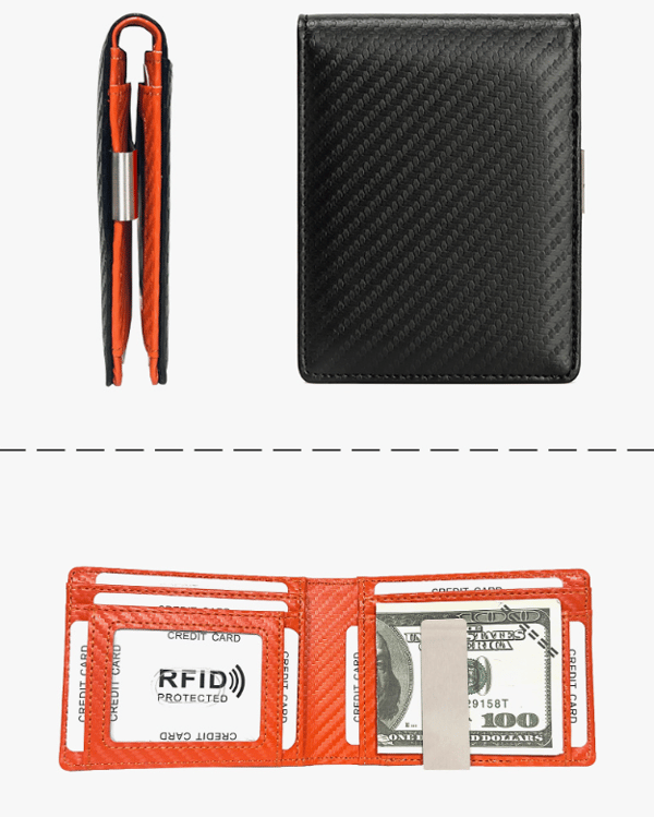 Kulfibersort med orange, foldbar læderpung til mænd, 10