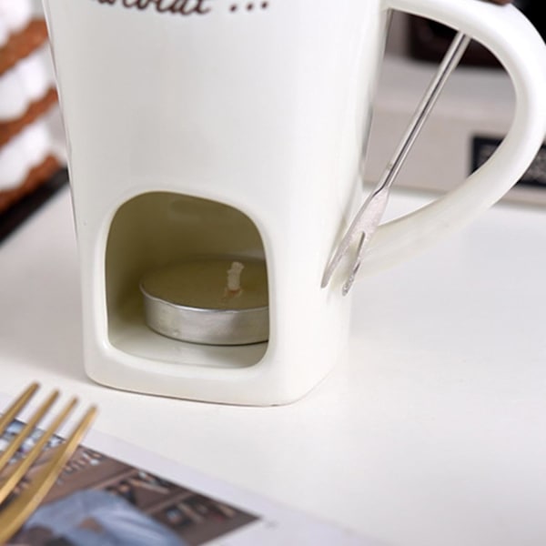 Tuikkukynttilällä toimiva fondue-setti, keraaminen sulatusastia suklaalle ja jälkiruoalle Beige