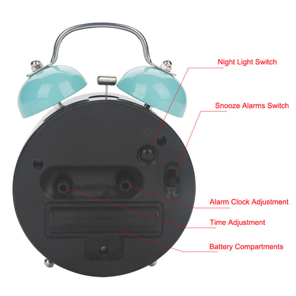 Dual Bell Ultra Silent Mechanical Alarm Clock Quartz Movement Desk Table Night Clock (Blue)