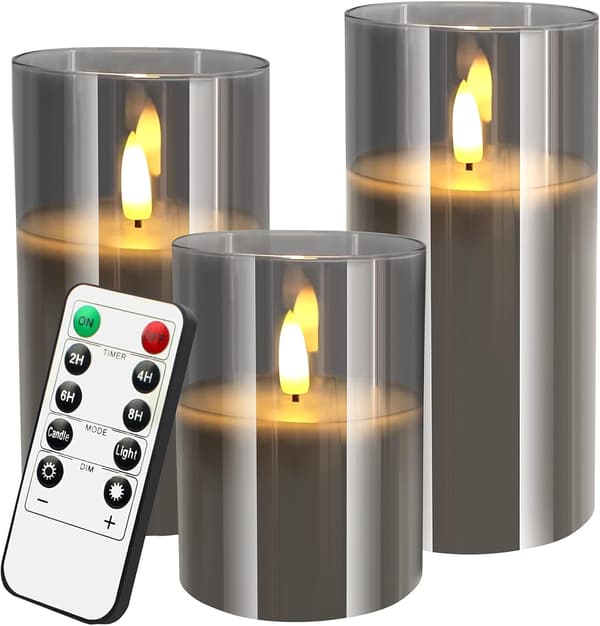 Sæt med 3 grå flammeløse glaslys (D: 3  \"X H: 4 \"/5  \")