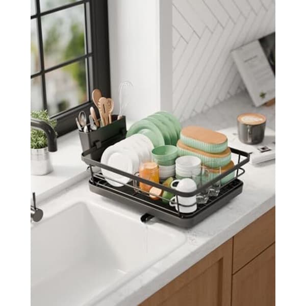 Kitchen Dish Drying Rack - Compact and Space-Saving Dish Rack, Stainless Steel Dish Rack with Cutlery Holder, 29.0 x 38.1 x 12.7 cm, Black