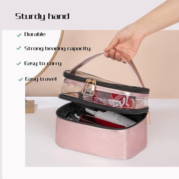 Portable Double-Layer Makeup Bag Waterproof Cosmetic Bag Large Capacity Travel Case with Brush Compartment