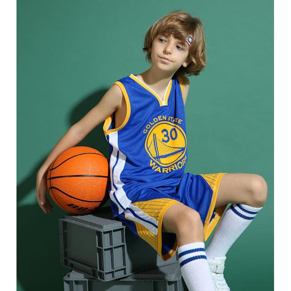 Stephen Curry Nr 30 Baskettröja Set Warriors Uniform för Barn Tonåringar Blå XL (150-160CM)