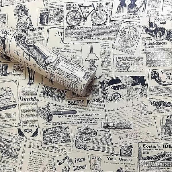 Vintage Itsekiinnittyvä Tapetti Sanomalehtipaperi, 45cm x 10m
