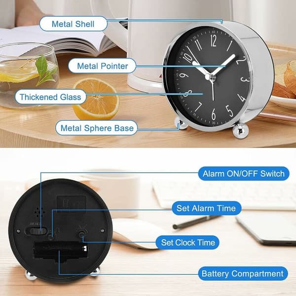 Non-ticking alarm clock, 4'' silent bedside clock for heavy sleepers, battery operated analog clock (silver case with black dial)