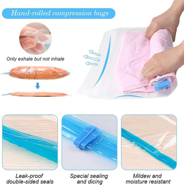 Vacuum Storage Bags for Clothes, 15-Pack, Compression Bags for Comforters and Travel, No Pump Needed