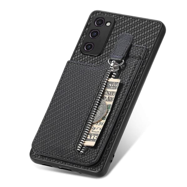 For Samsung Galaxy S20 FE Carbon Fiber Vertical Flip Wallet Case with Zipper