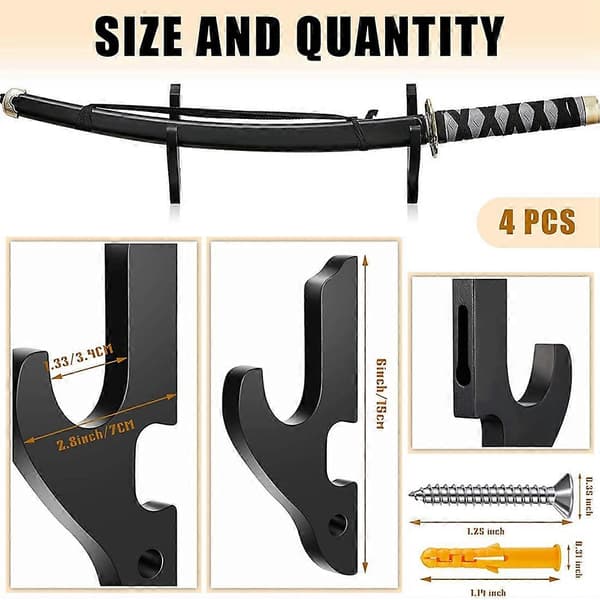 4 Sets Sword Wall Mount Adjustable Sword Holder Wood Martial Arts Stand Samurai Wall Mount Display Accessories Black Svart