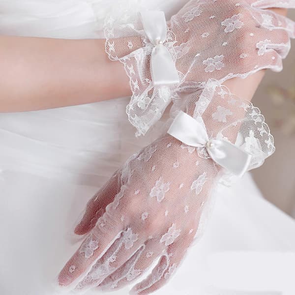 1 par elastiske meshhandsker sløjfe damehandsker mode prinsesse bryllupshandsker til bryllup og fashionable begivenheder hvid Hvid White
