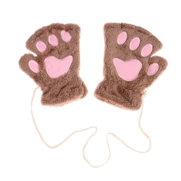 Cute Cat Paw Fingerless Mittens Warm Soft Plush Fingerless Gloves White