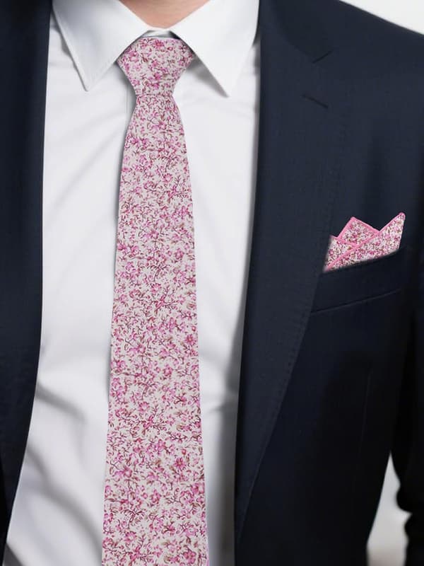 Blomstrede slips til mænd, smalle bomuldsslips med blomstermønster og lommetørklæde, herreslips til bryllup og dimission