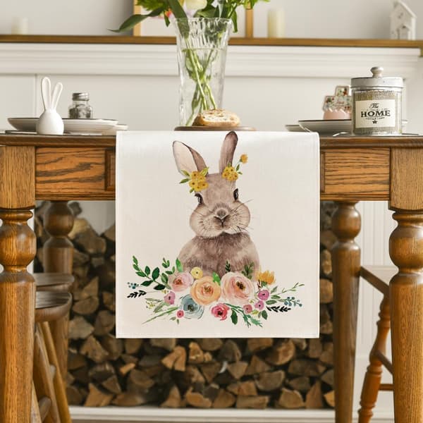 Easter Bunny Easter Table Runner, Seasonal Spring Flowers Holiday Kitchen Tablecloth, Suitable for Home Party Decoration 33x183cm