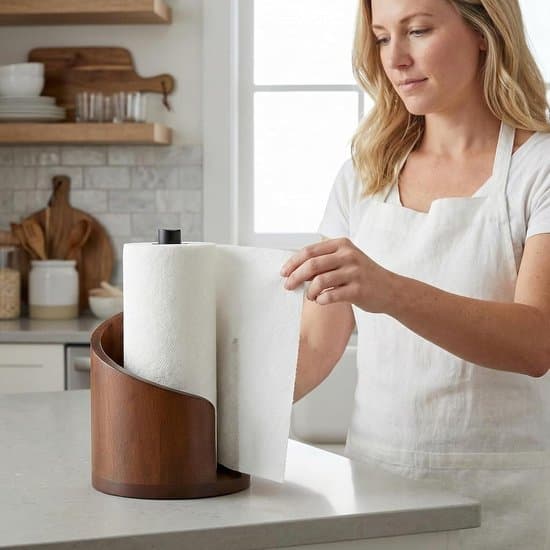 Paper Towel Holder Stand Solid Wood Vertical Roll Holder with Metal Side Bar for Kitchen Counter Dining Table Brown 10 x 15 cm