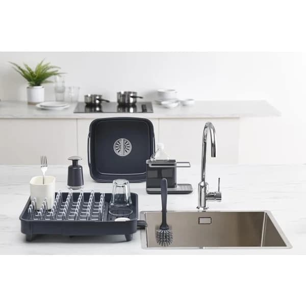 Sink Storage/Organizer with Integrated Drain, Sponge, Brush, Dish Soap, and Dishcloth Holder, Removable, Standard Size, Grey