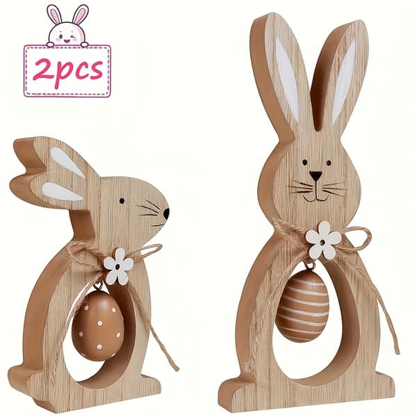 2-piece Wooden Table Decoration with Rabbit, Easter Eggs and Flowers 2pcs