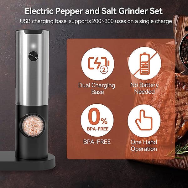 Oppladbart elektrisk salt- og pepperkvernsett med ladebase