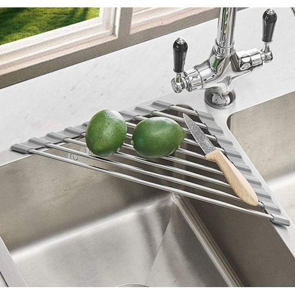 Triangular Roll-Up Dish Drying Rack - Stainless Steel Over Sink Dish Rack - Space Saving Kitchen Organizer for Dishes and Utensils - Grey