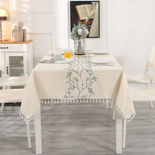 Rektangulær bomullsduk i lin med dusker, støvtett, vaskbar, beige (140x140cm)