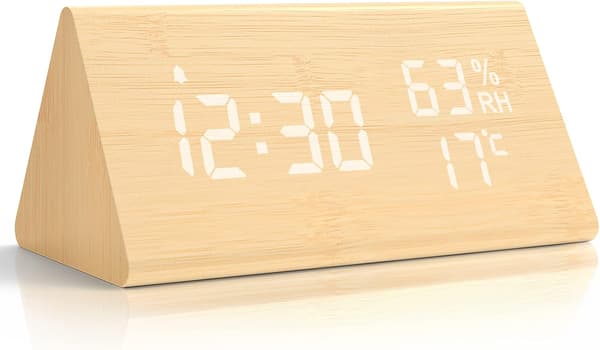 Digital väckarklocka i trä, digital klocka med snooze/datum/temperatur och luftfuktighet - bambumaterial