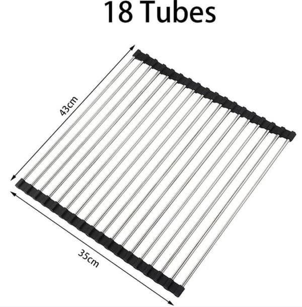Opvaskestativ i rustfrit stål til vask Foldbart opvaskestativ Praktisk afløb - 43*35cm, Sort, 1 stk