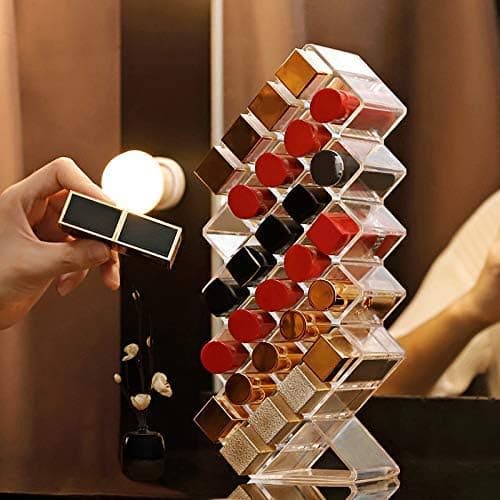 Lipstick Organizer and Storage, Acrylic Lipstick Holder Lip Gloss Tower Transparent Cosmetic Display, 28 Compartment Makeup Organizer for Vanity