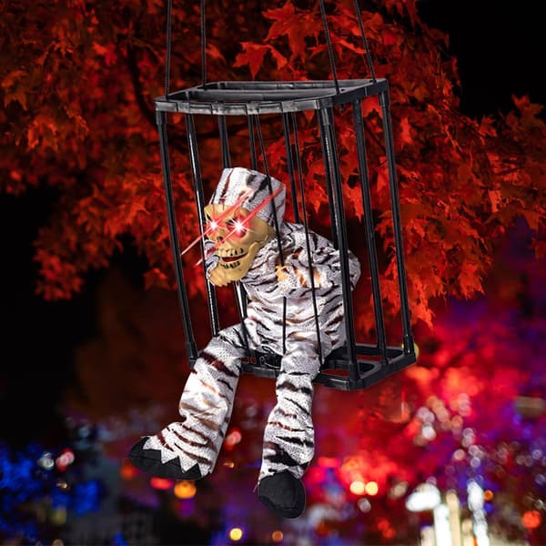 Skeleton with Scary Cage Halloween Theme Prop Decor for Garden Patio Yard Fence Tree Decor