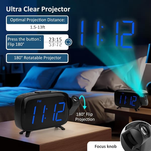 Projeksjonsvekkerklokke Stor LED 180° Roterbar 2-nivå Dimmer USB Backup Doble Alarmer [Ho]