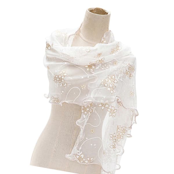 Blomsterbrodert skjerf i silkemykt polyesterstoff, lett, behagelig, mote, damegave, hvit Hvit White