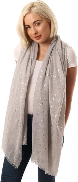 Kveldsstjerne Glitter Skjerf for Kvinner Lett Sjal Bryllup Folie Trykt Skjerf Wrap Stjerner og Måner, Lysegrå Skjerf Med Sølvstjerner