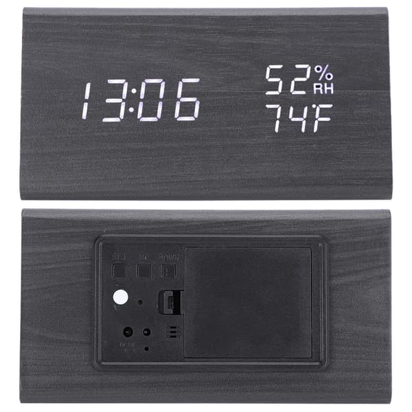 Digital LED Wooden Table Clock Voice Control Triangular Temp Humidity Alarm White Light