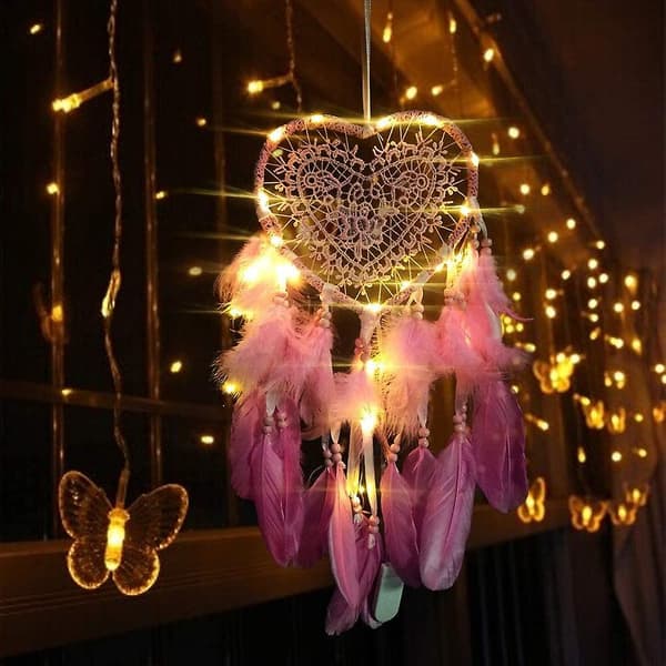 Drømmefanger (20*45cm rosa, lys), Boho-stil LED-lys håndlaget for soverom, bildekorasjon, romantisk veggdekorasjon