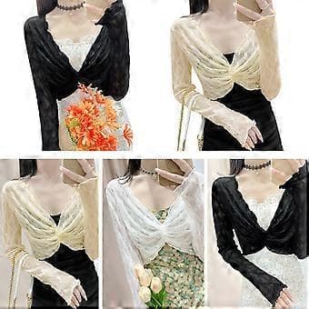 Lette gennemsigtige blondeskjorter til kvinder, langærmede åbne cardigans, tynde crop tops, bløde draperede beskårne cardigans, sort (sort)