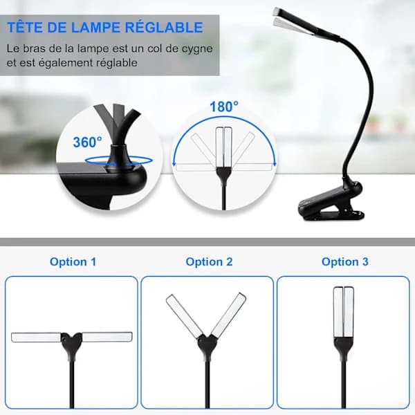 Oppladbar leselampe med dobbelthode, 14 LED, fleksibel klemme