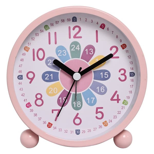 Cartoon Theme Children's Early Learning Alarm Clock, Silent Luminous Table Clock with Analog Hands, Quartz, Rose Pink