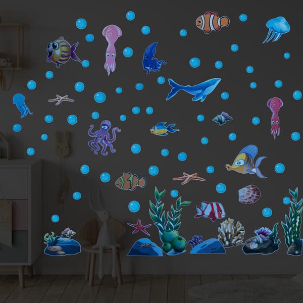 Luminous Ocean Wall Decals, Ocean Theme Fluorescent Stickers Glowing Fish Turtle Jellyfish Wall Decor Underwater