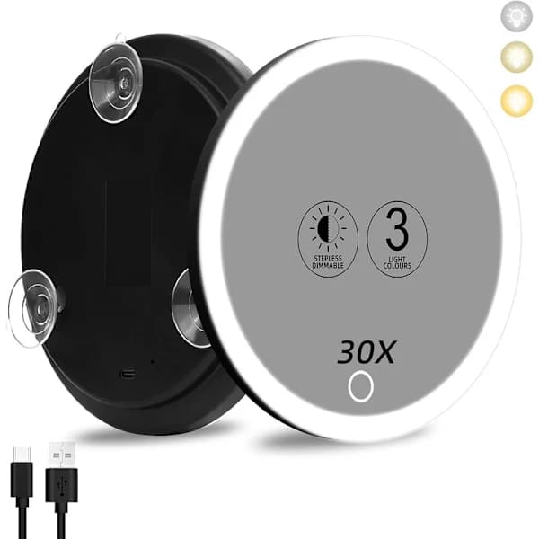 30x Magnifying Mirror with Light, 10 cm, 3 Colors & 3 Suction Cups, Dimmable