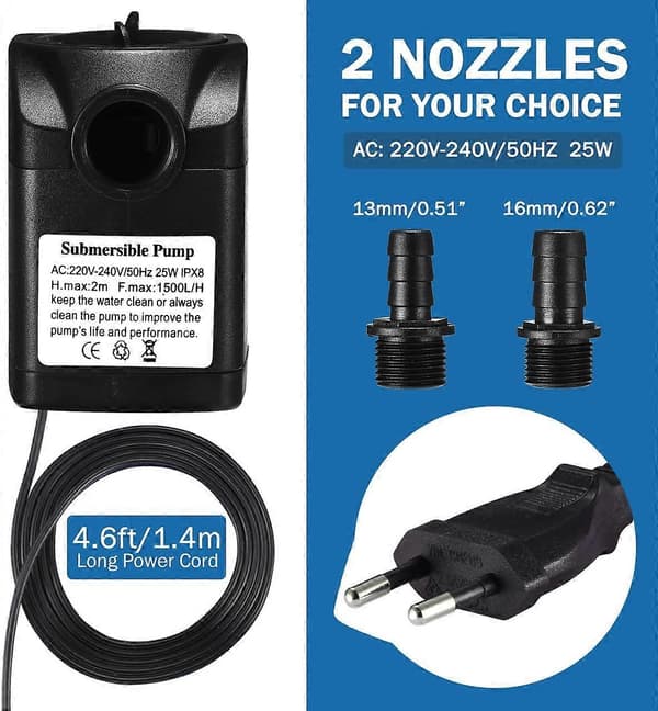 25W 1500L/H uppopumppu 1,5m virtajohdolla ja 2 suuttimella