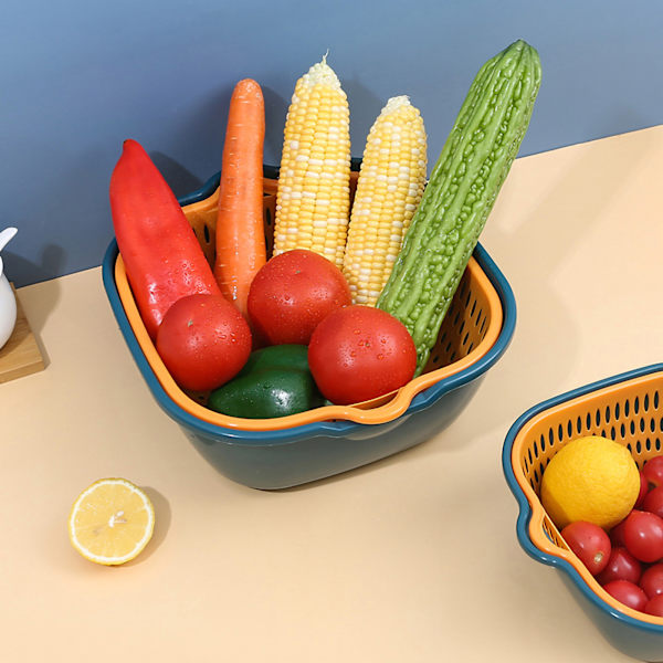 Vegetable Washing Basket Double Layer Drains Quickly Hanging Multifunctional Fruit Strainer with Side Handle for Kitchen L Blue Yellow
