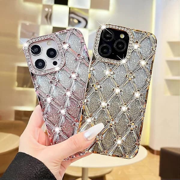 Suitable for iPhone 16 Pro Max mobile phone case, cute luxury glitter rhinestone flower protective case_yux