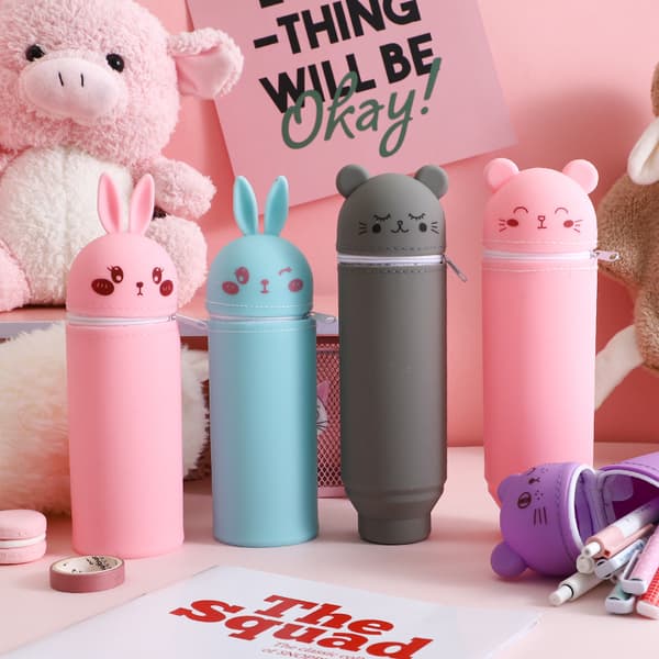 1 kpl Kawaii-karhu pehmeä silikoninen 2-in-1 kynäpidikesarja harmaa karhu - harmaa