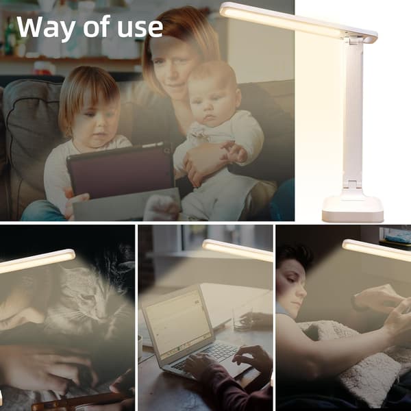 Skrivebordslampe, LED-bordlampe, sammenklappelig 3-farvet belysningsniveauer, USB