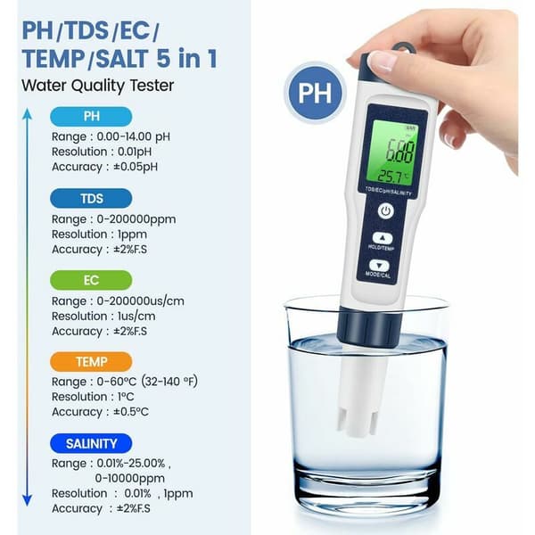 PH TDS-måler, 5 i 1 Vandkvalitetstester PH/TDS/EC/SEL/Temperatur TDS-måler LCD med Grøn Baggrundsbelysning til Pool/Akvarium/Dam