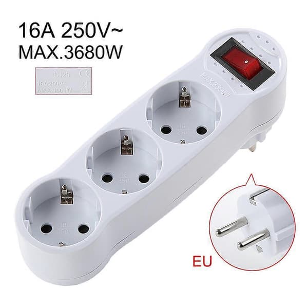 EU-stik 1 til 3-vejs 16A 250V Adapter Konvertering Udvidelse Strømstik