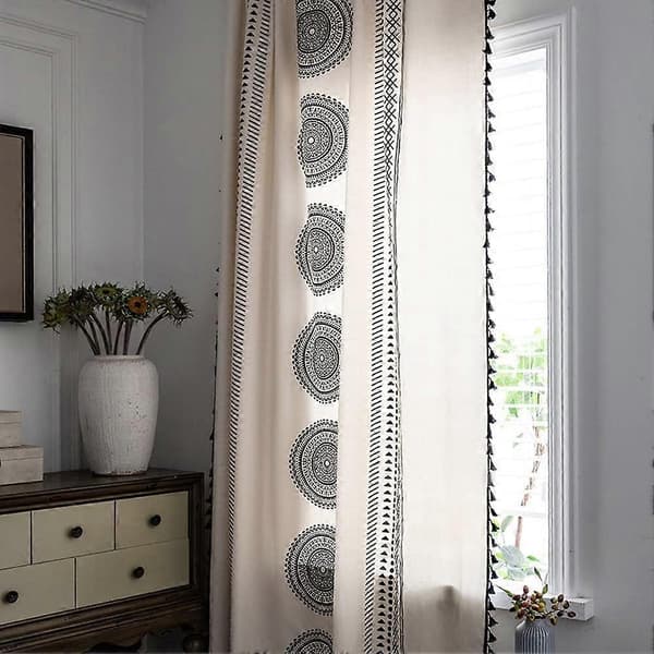 Curtains Mandala Geometric White and Black Curtains with Eyelets Polyester Cotton Curtains with Tassel for Kitchen Dining Room