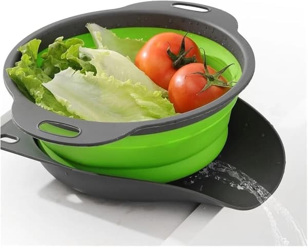 Stor sammenklappelig si til vask, perfekt til 3-delt sæt – en pladsbesparende si med sidedræn og indlejringsdesign.