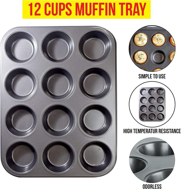 Muffinsform til 12 muffins - BPA-fri og opvaskemaskinesikker muffinsplade med pletbestandighed, bageform til muffins (Sort)