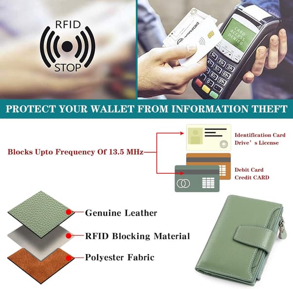 Women's Genuine Leather Wallet Compact Card Holder RFID Blocking Anti-Skimming Protection Light Green